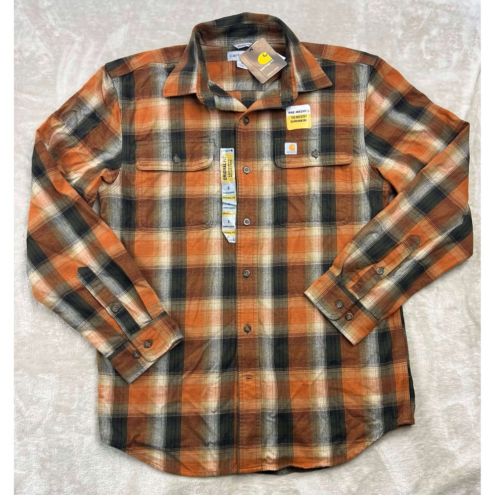 Carhartt Mens Plaid Flannel Shirt Orange Black Original Fit 103822 004 Small NWT